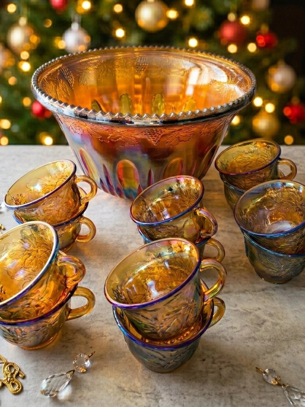 Vintage Indiana Glass carnival glass punch bowl with cups